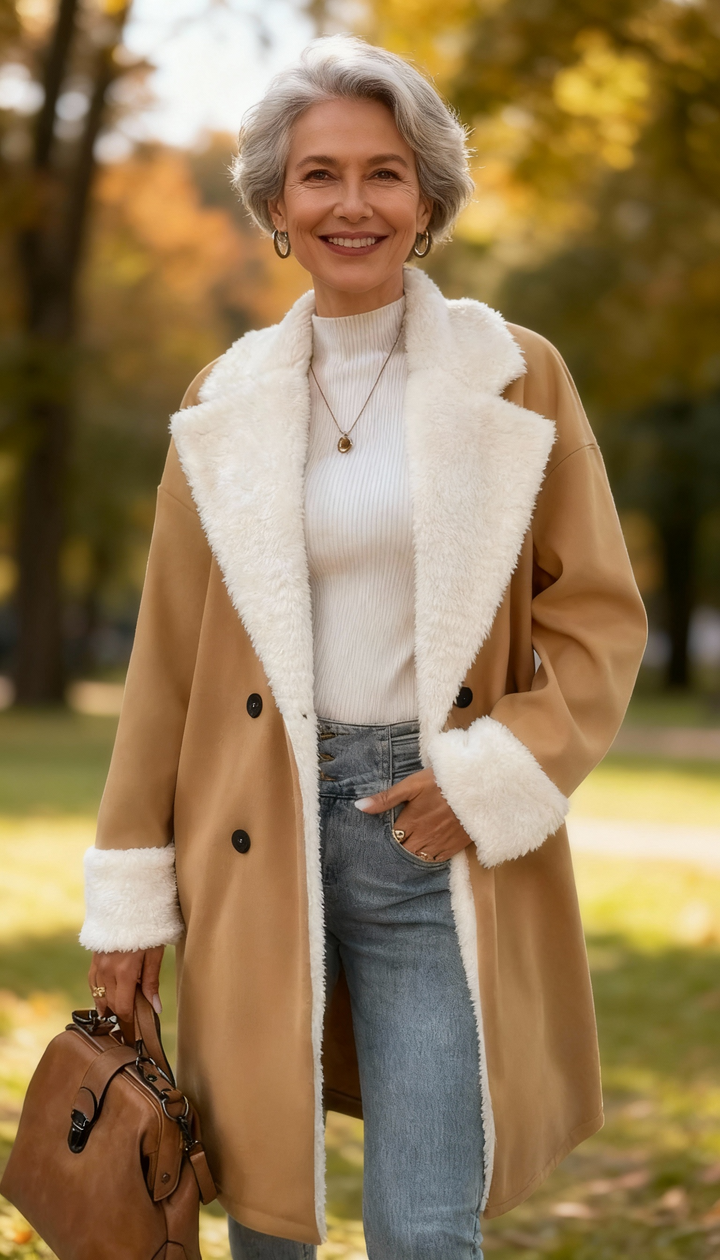 Woman wearing a beige coat with white fur trim in an autumn park.